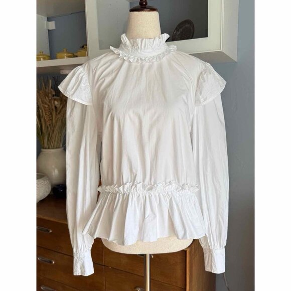 SOLD Cotton Poplin Cropped Blouse White High Neck Ruffle Peasant Coquette 42 - Picture 3 of 12